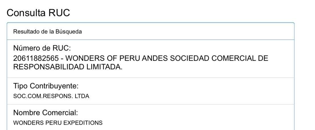 Wonders of Peru Expeditions - Official Business License and RUC Registration