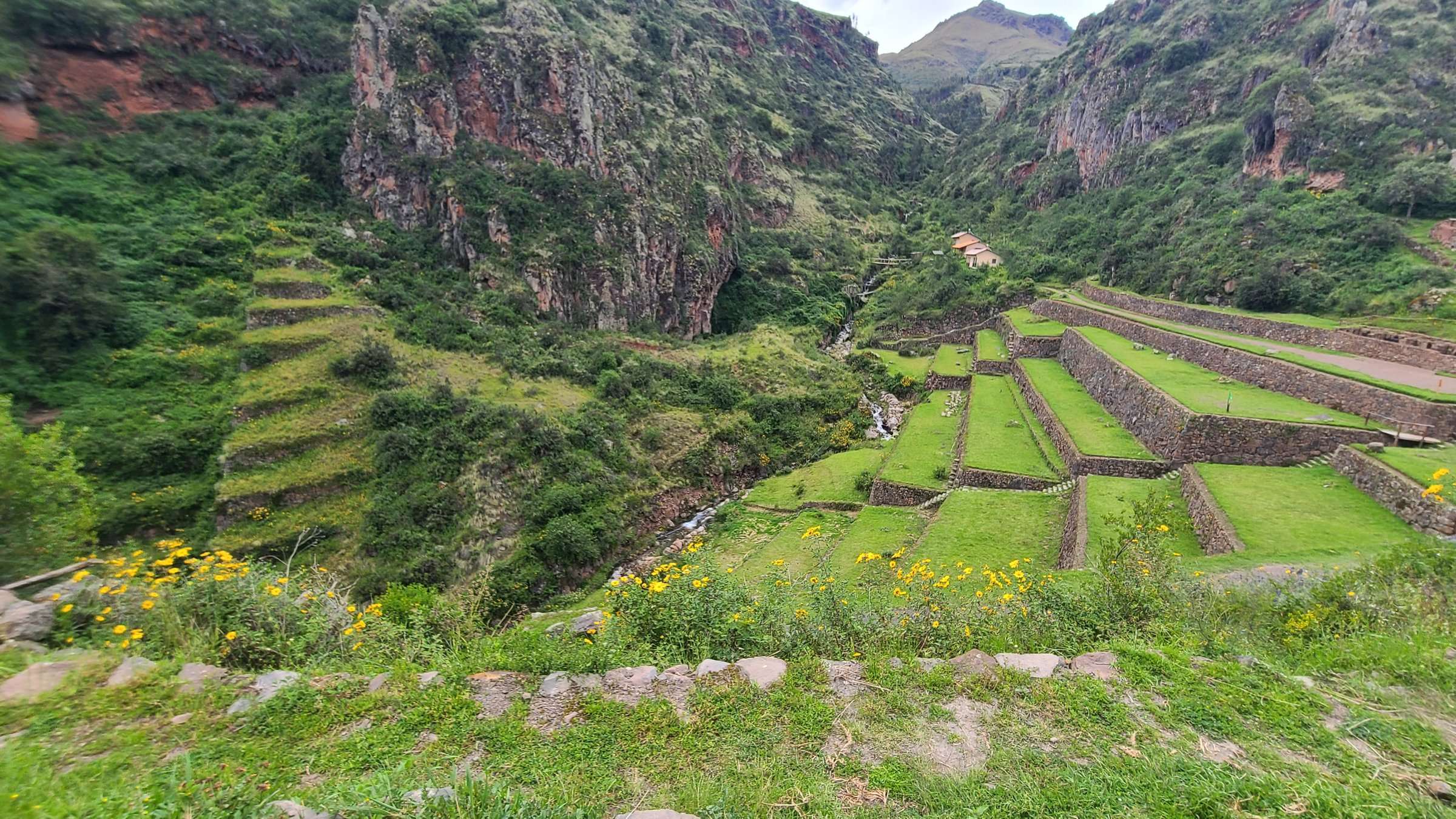 Panoramic view from Pisac ruins over Sacred Valley and mountains