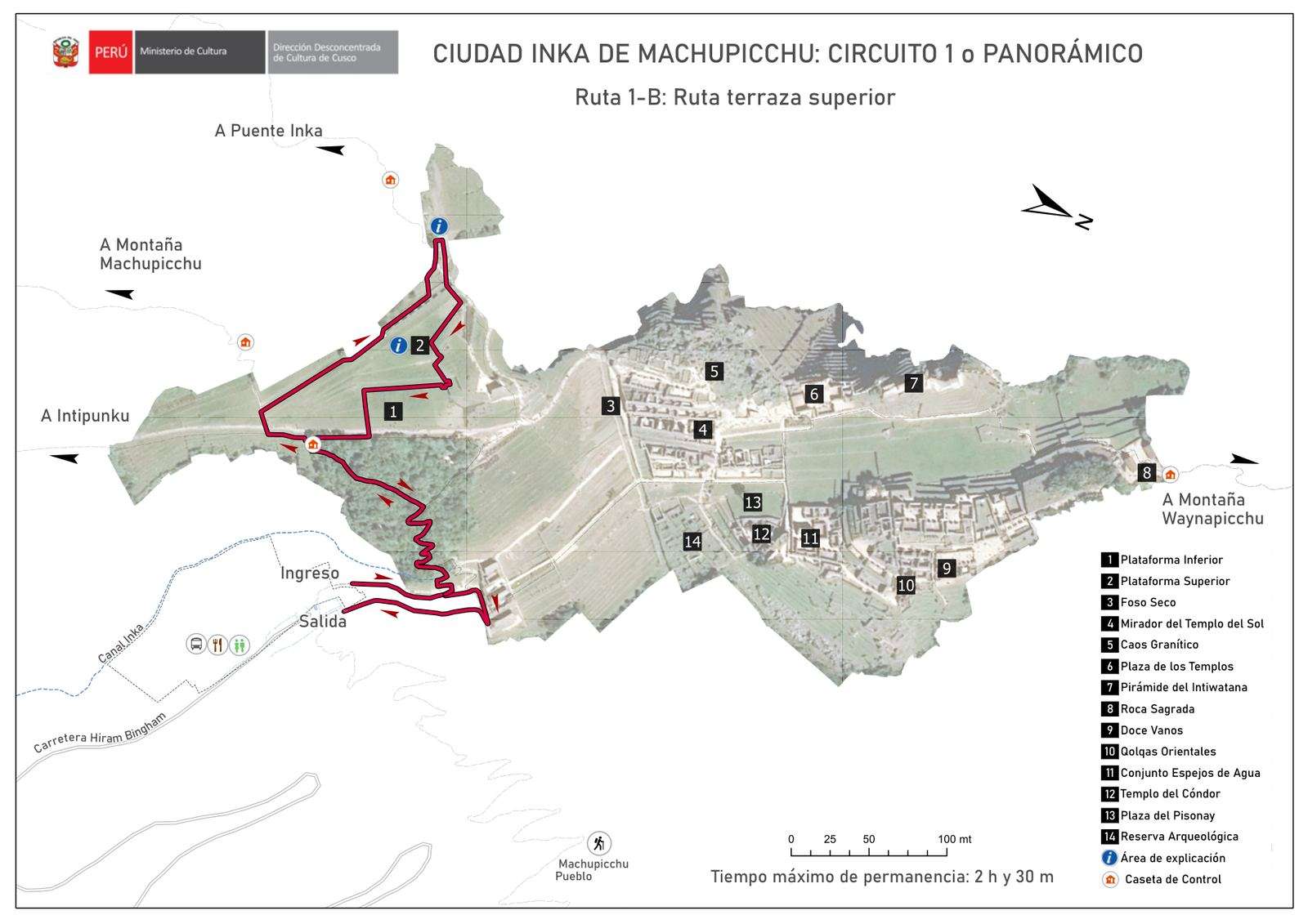Machu Picchu Circuit 1 Route 1-B map — Upper Terrace classic viewpoint
