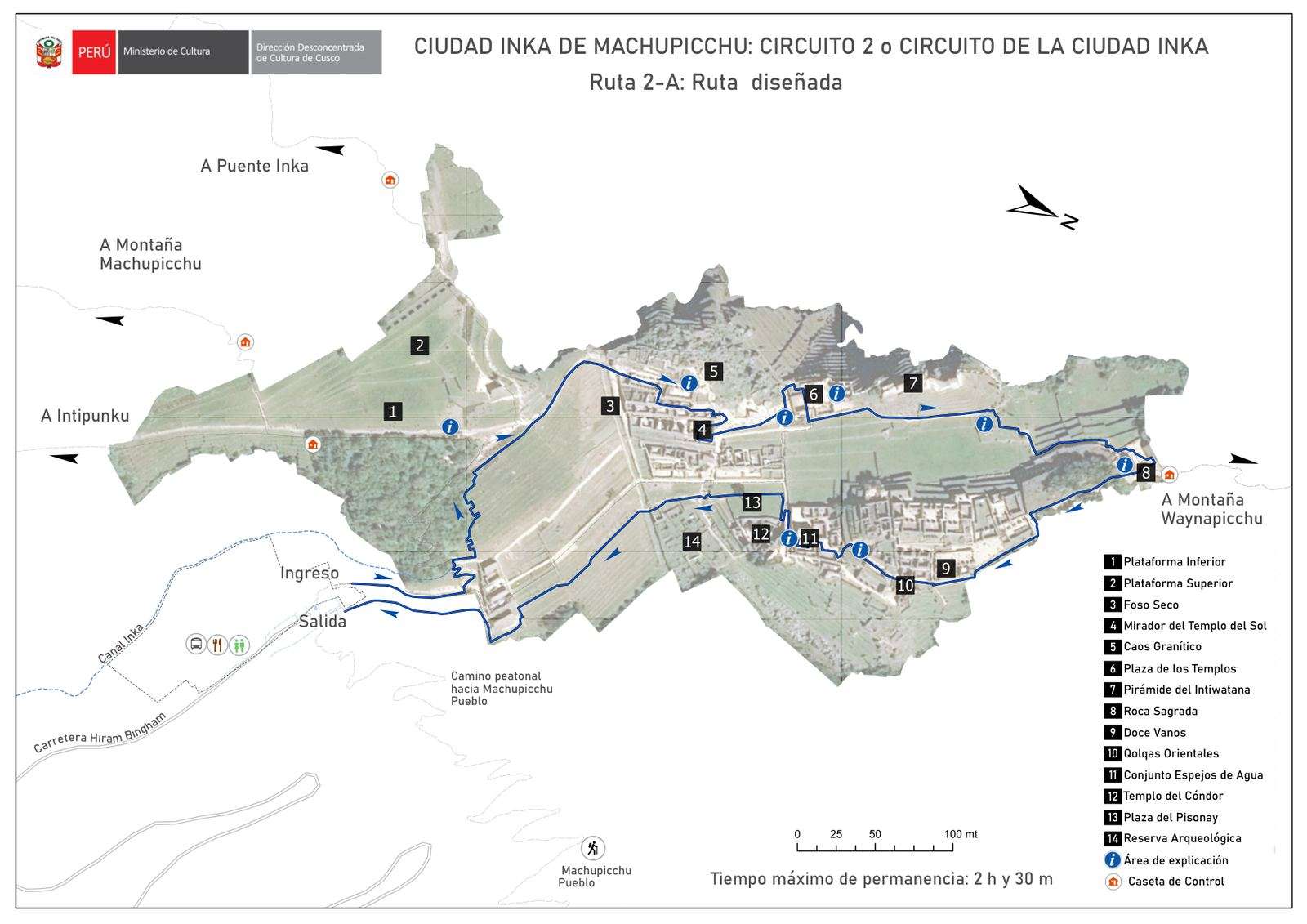 Machu Picchu Circuit 2 Route 2-A map — Classic designed path through the citadel