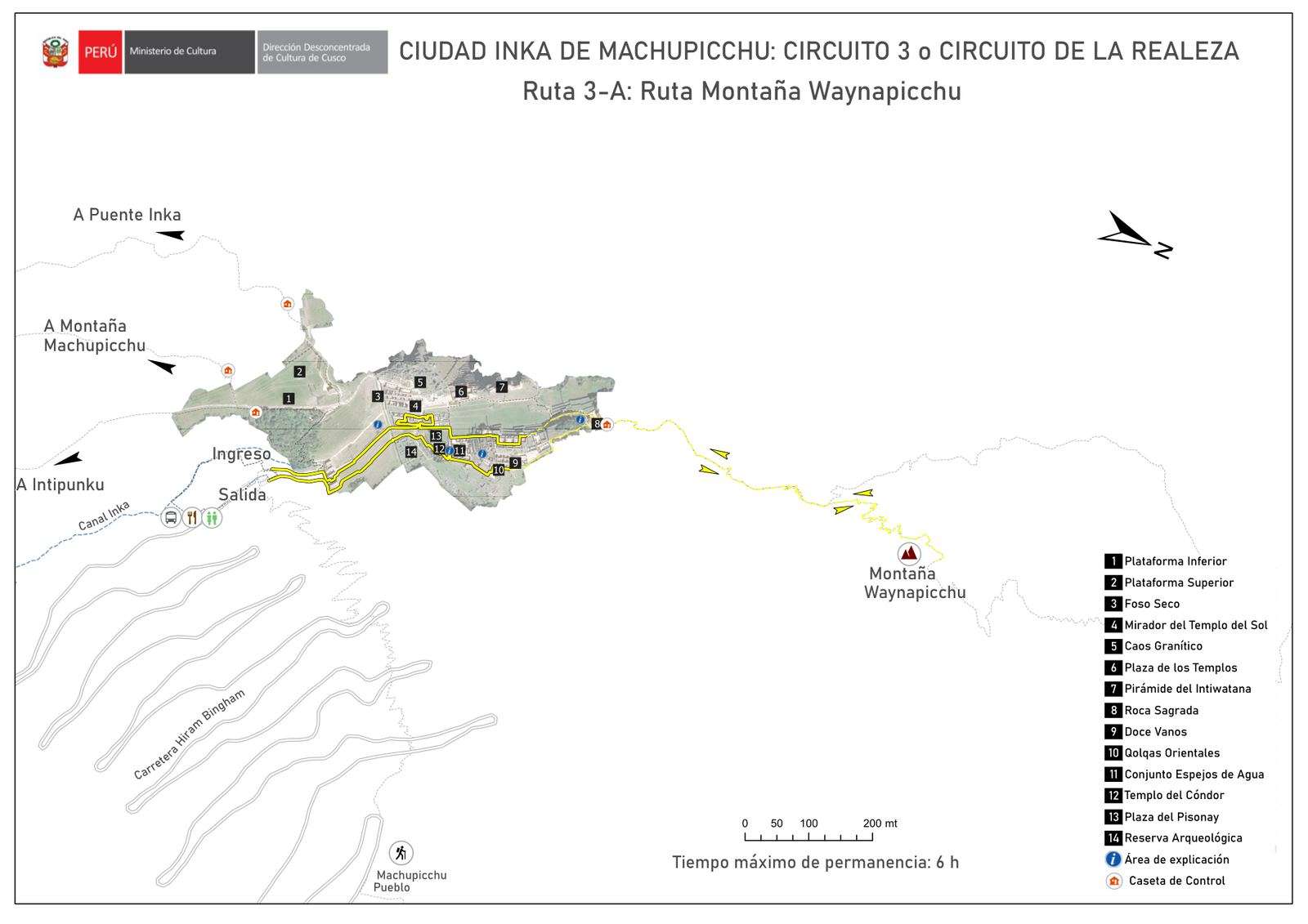 Machu Picchu Circuit 3 Route 3-A map — Royalty route with Huayna Picchu mountain climb