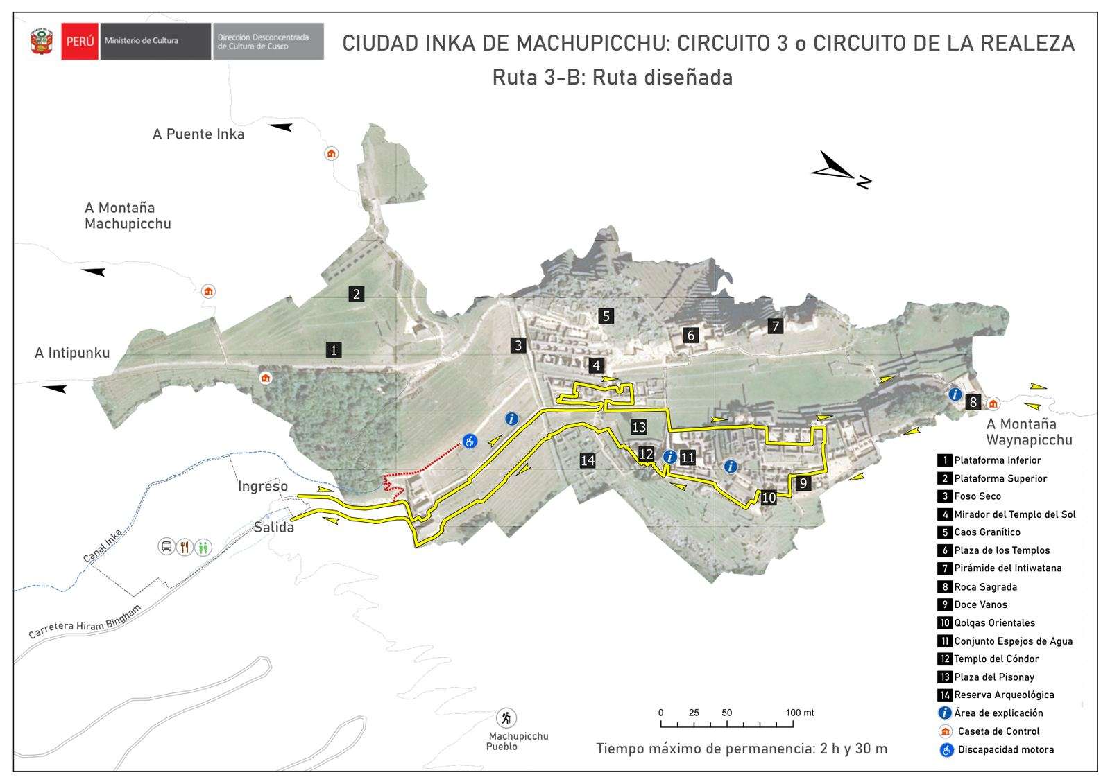 Machu Picchu Circuit 3 Route 3-B map — Royal quarters designed path