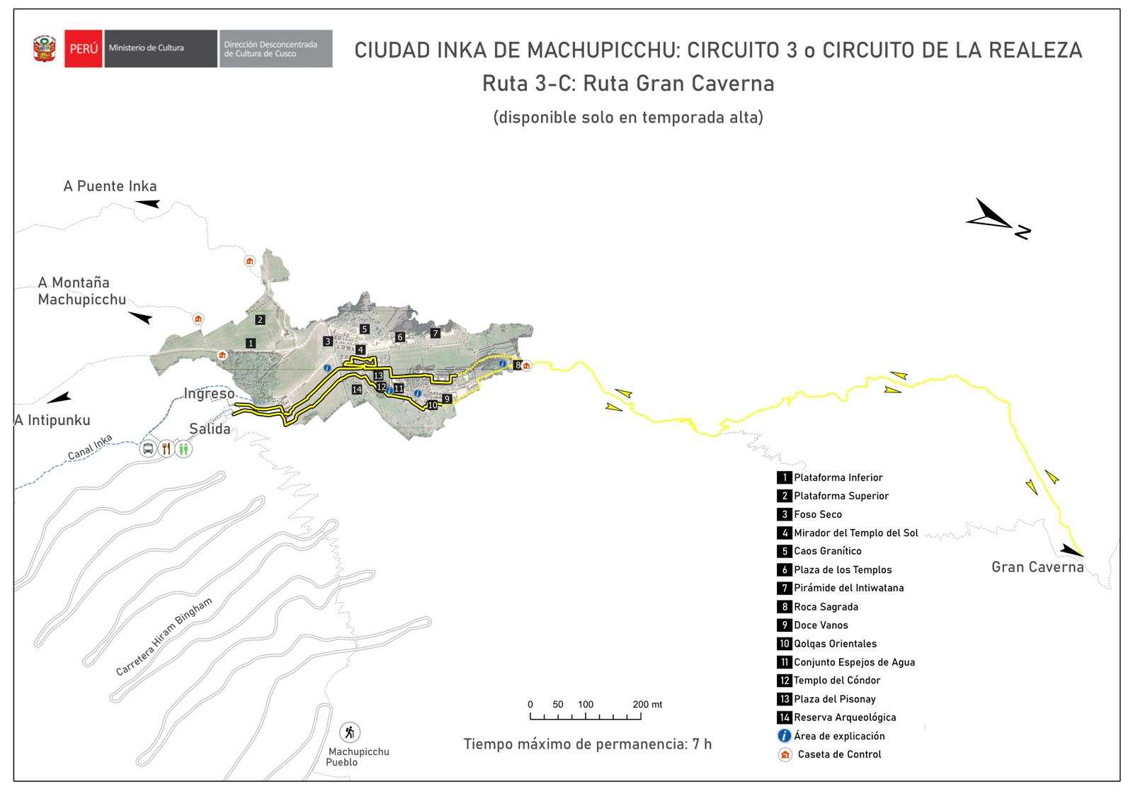 Machu Picchu Circuit 3 Route 3-C map — Royalty route with Gran Caverna / Temple of the Moon