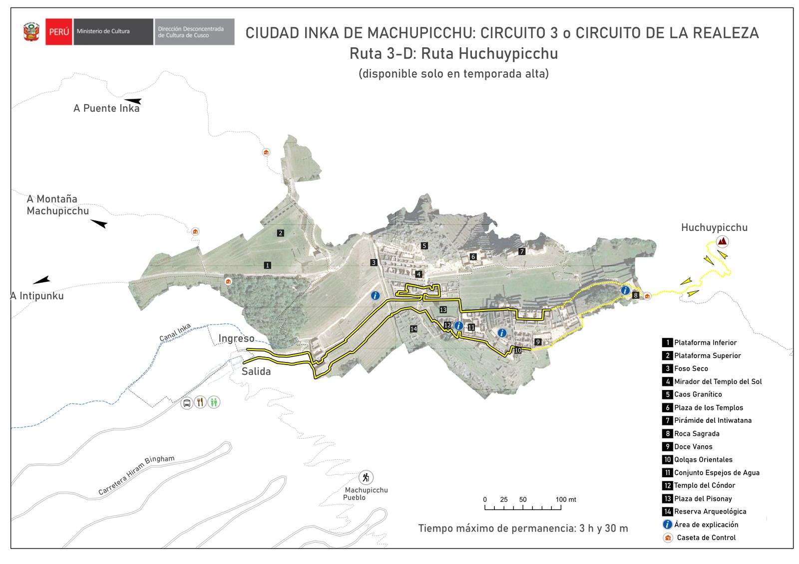Machu Picchu Circuit 3 Route 3-D map — Royalty route with Huchuy Picchu hike