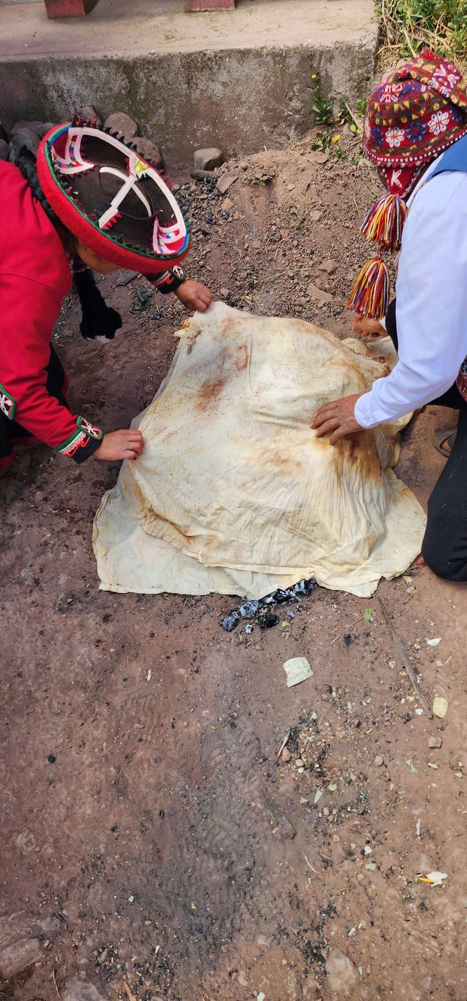 Covering the pachamanca earth oven with cloth before burying it to roast